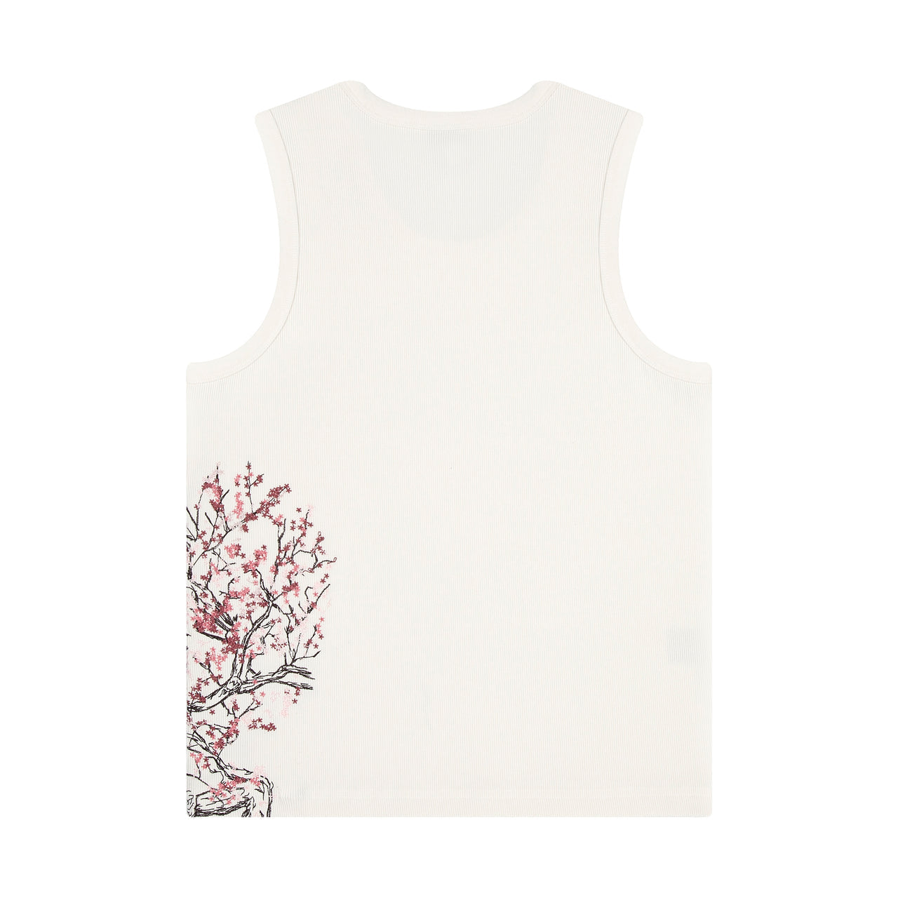 White tank top with cherry blossom design on a white background