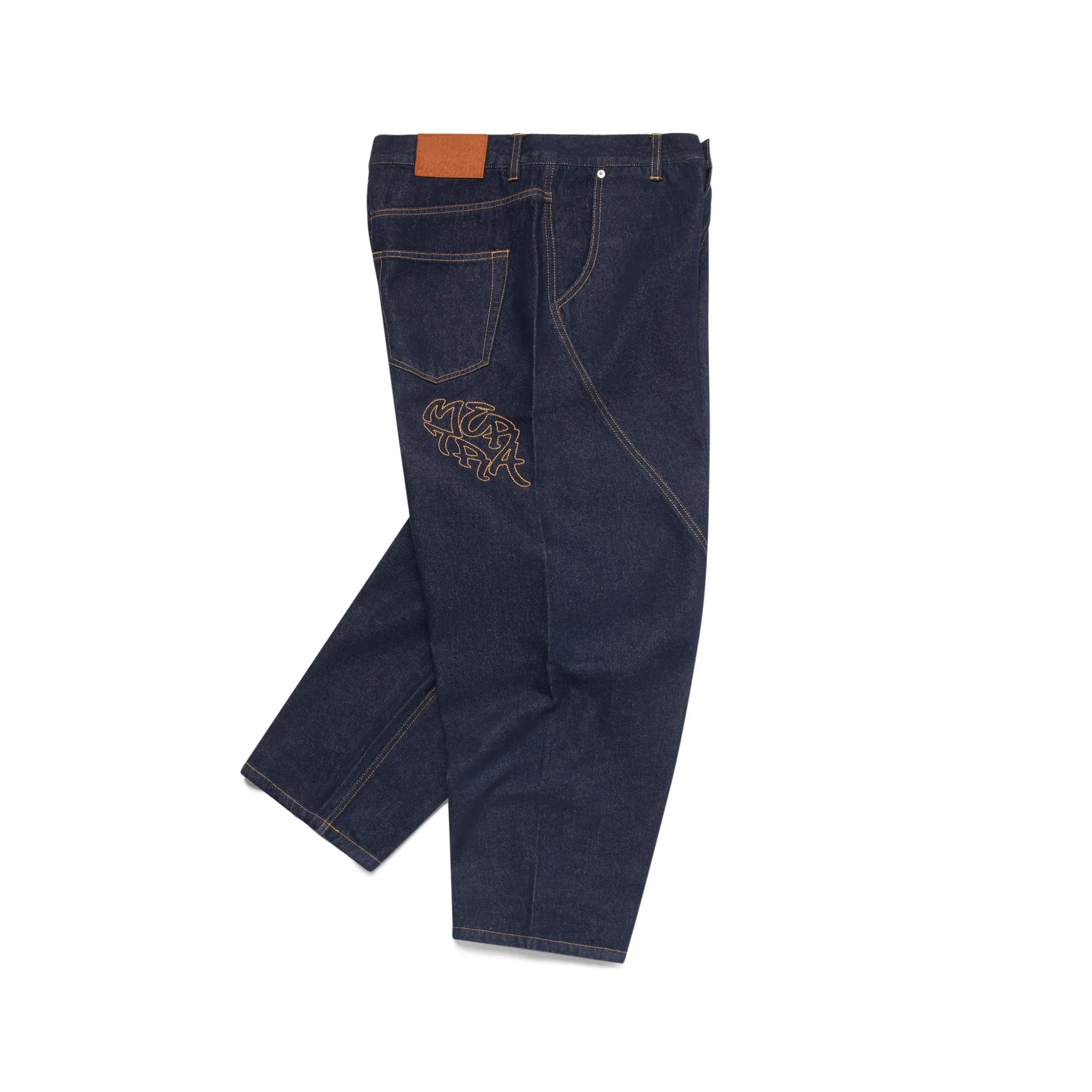 Folded dark blue jeans on a white background
