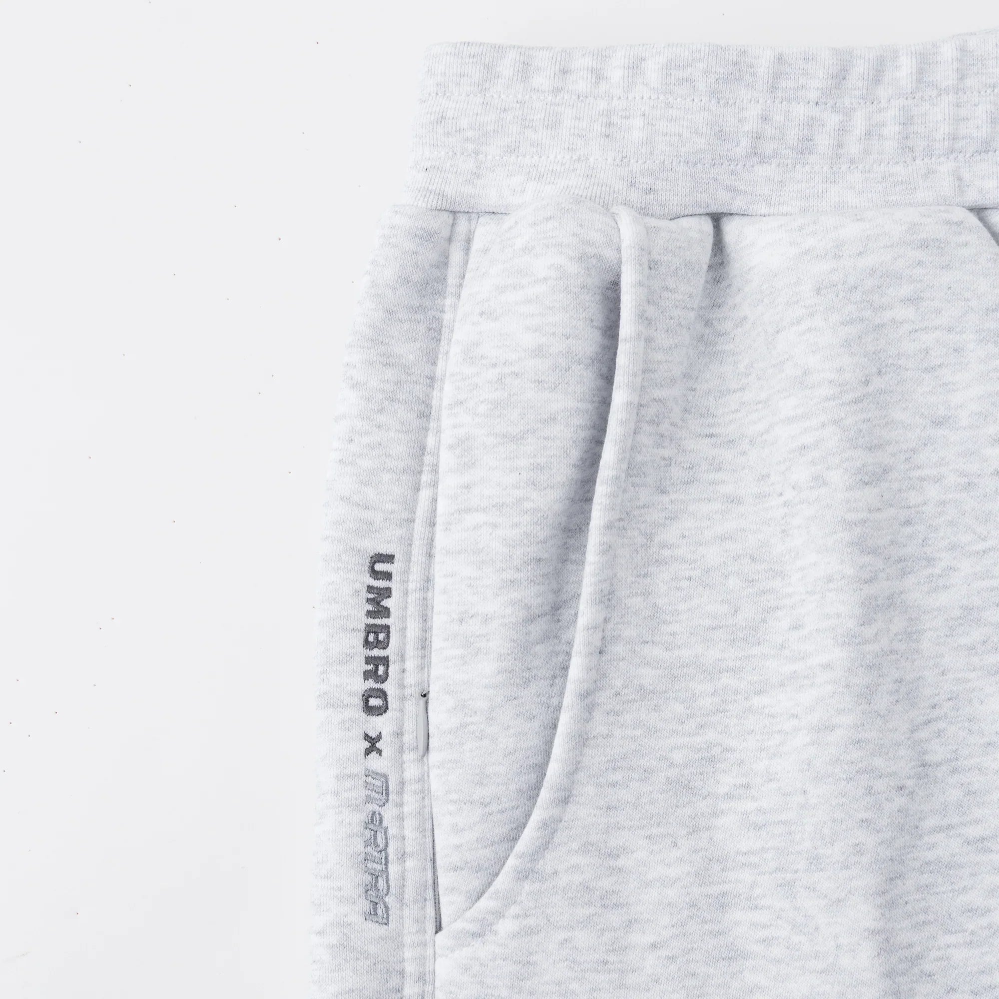 Close-up of a gray sweatshirt with a brand logo on a white background