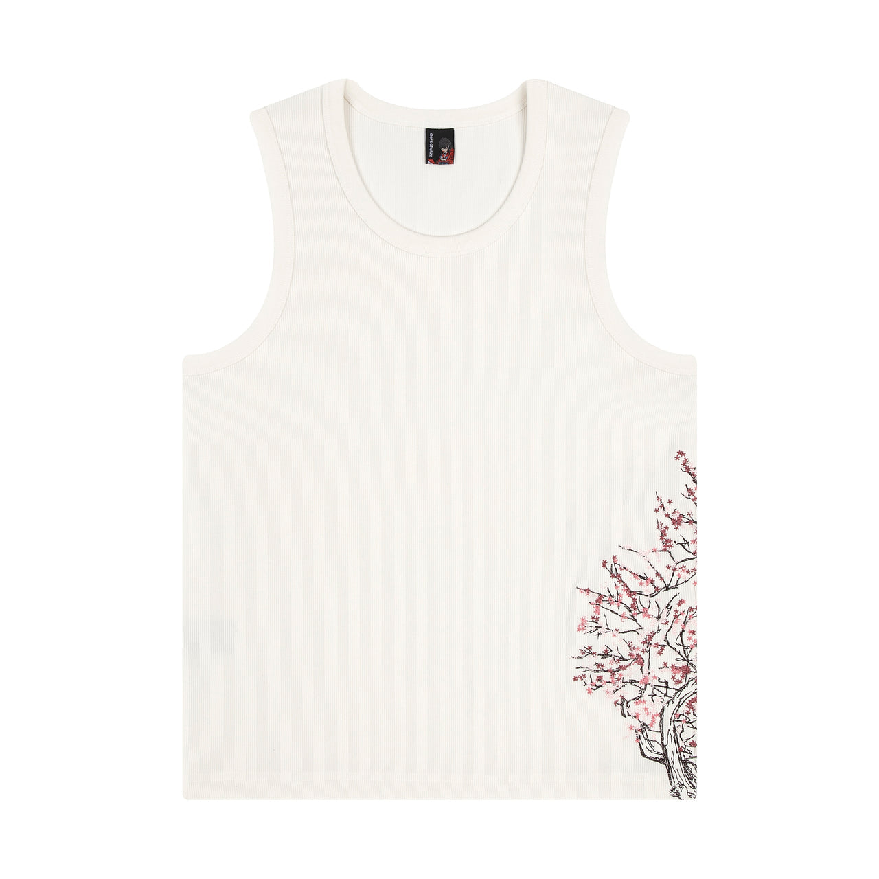White sleeveless shirt with cherry blossom design on a white background